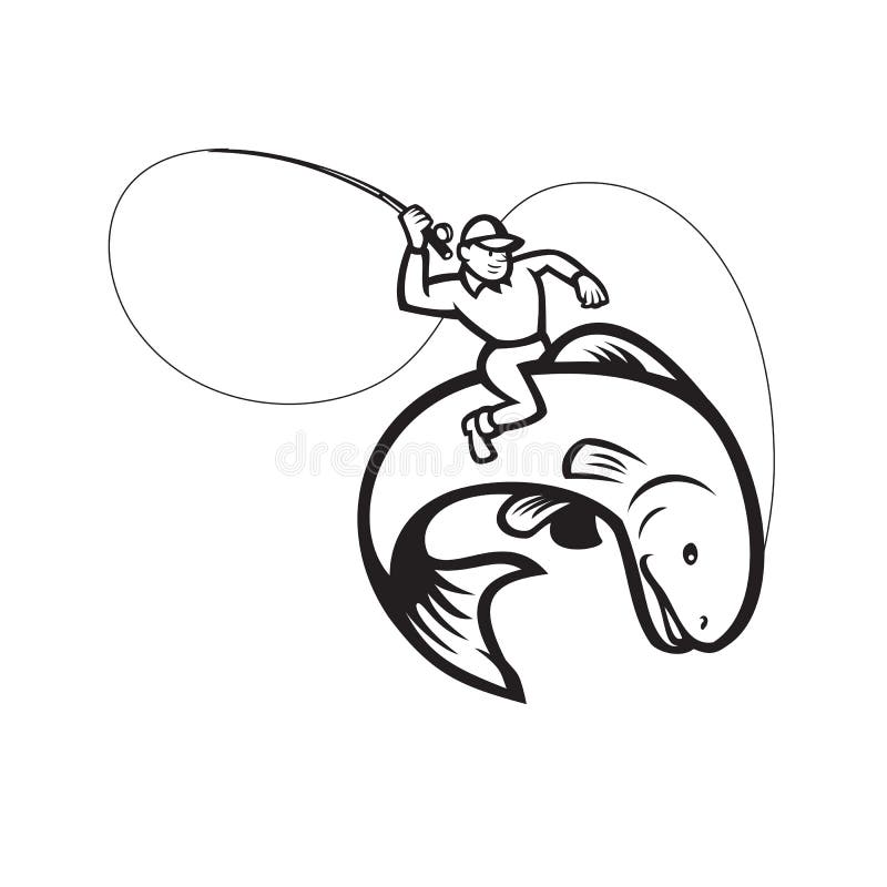 https://thumbs.dreamstime.com/b/fly-fisherman-riding-trout-fish-cartoon-black-white-illustration-holding-rod-reel-set-inside-oval-shape-done-style-185335735.jpg