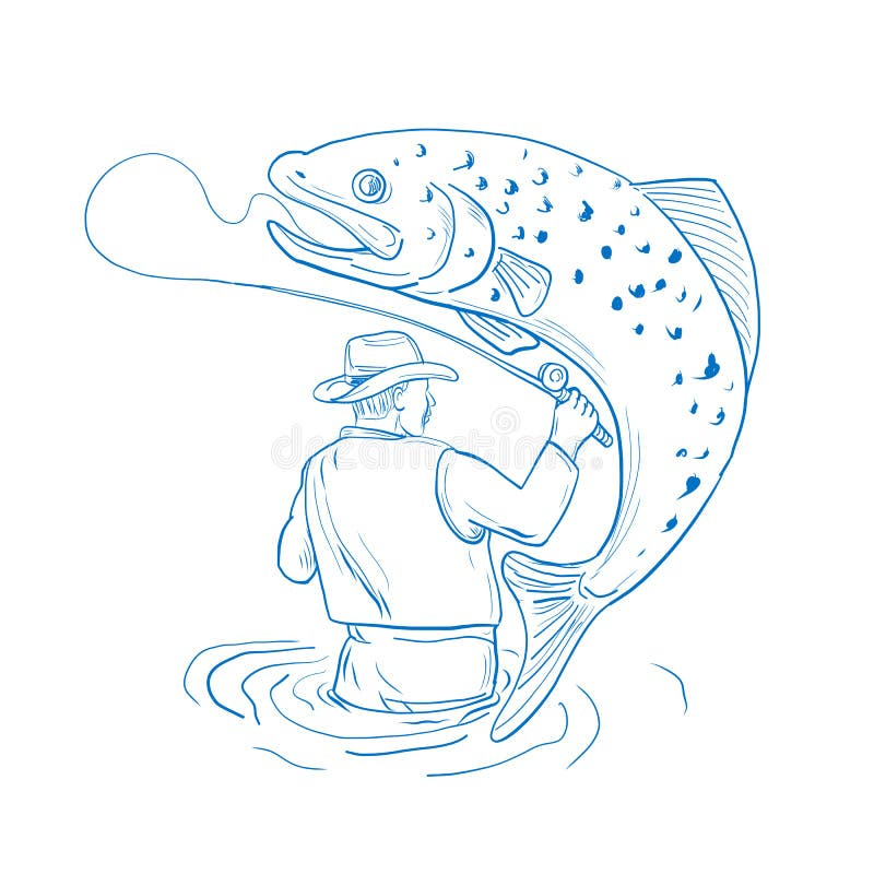Fly Fisherman Trout Fishing Drawing Stock Vector - Illustration of spotted,  white: 101595512