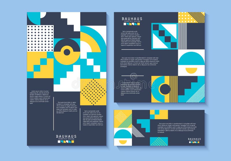 Flyer stile bauhaus. elementi 2d geometrici astratti con figure geometriche moderne. modello web con colori semplici illustrazione vettoriale
