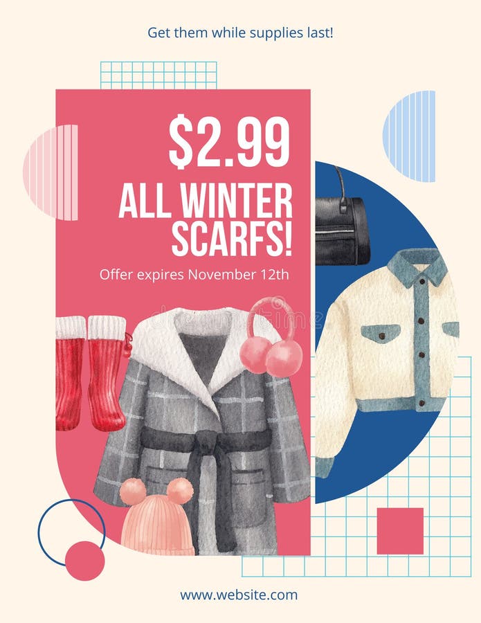Flyer Template with Winter Clothing Essential Concept watercolor Style Flyer Template with Winter Clothing Essential Concept watercolor Style
