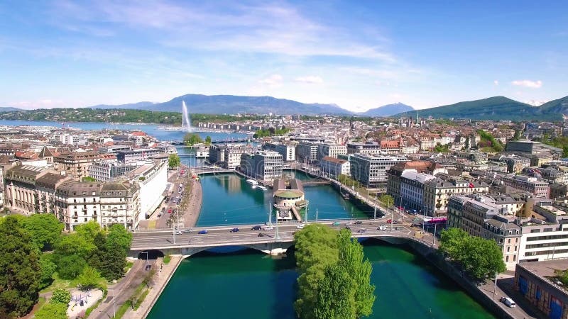 flyg- längd i fot räknat 4K av Genèvestaden i Schweiz - UHD