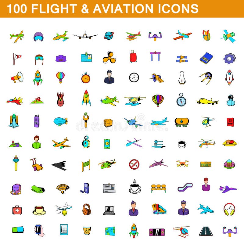 100 flyg- och flygsymboler ställde in, tecknad filmstil stock illustrationer 100 flyg- och flygsymboler ställde in, tecknad filmstil stock illustrationer