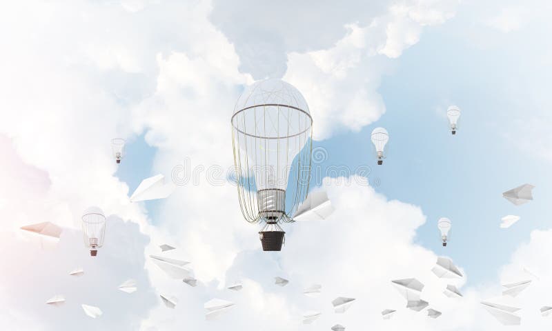 Flyga ballonger för varm luft i luften. Färgrika aerostats som flyger bland pappers- nivåer och över den blåa molniga himlen framförande 3d