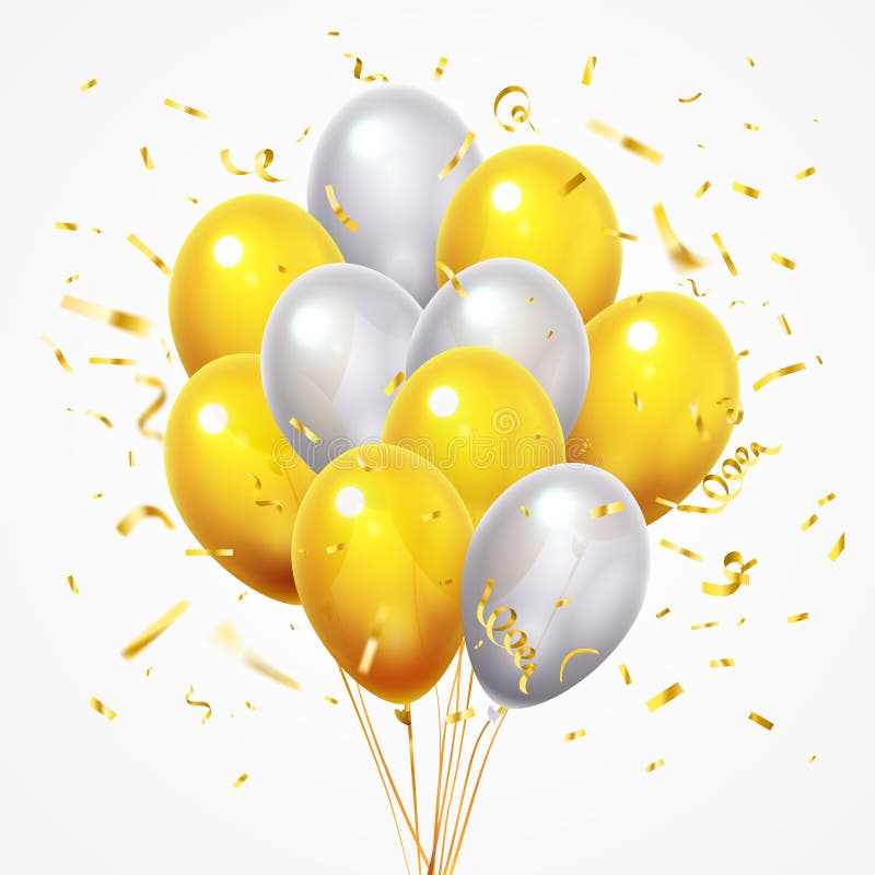 Flyga ballonggruppen Guld- skinande fallande konfettier, glansig guling och vithelium sväller med den guld- vektorn för bandet 3d stock illustrationer Flyga ballonggruppen Guld- skinande fallande konfettier, glansig guling och vithelium sväller med den guld- vektorn för bandet 3d stock illustrationer