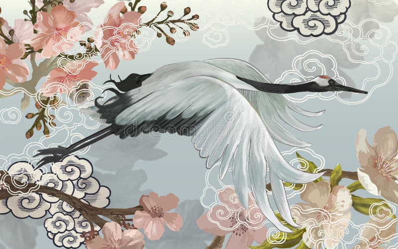 Flyga den eleganta vita japanska kranen royaltyfri illustrationer