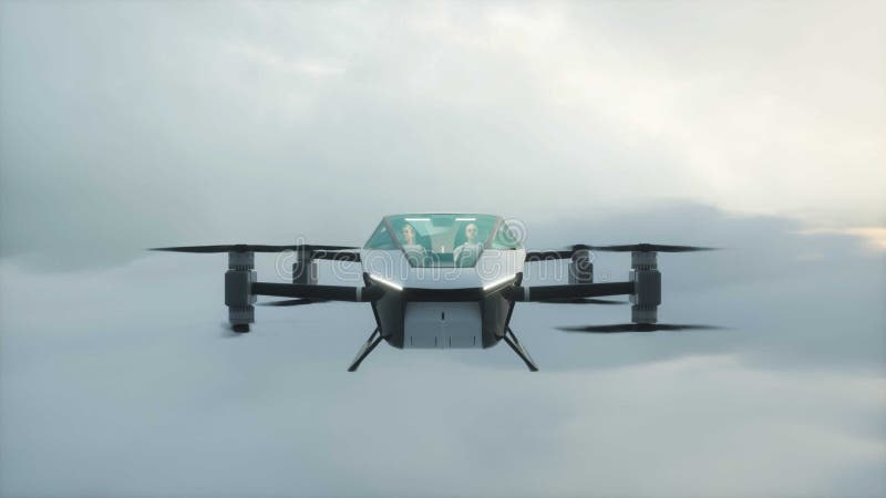 Flygande kopiatorbil med människor. framtida 3d-rendering.