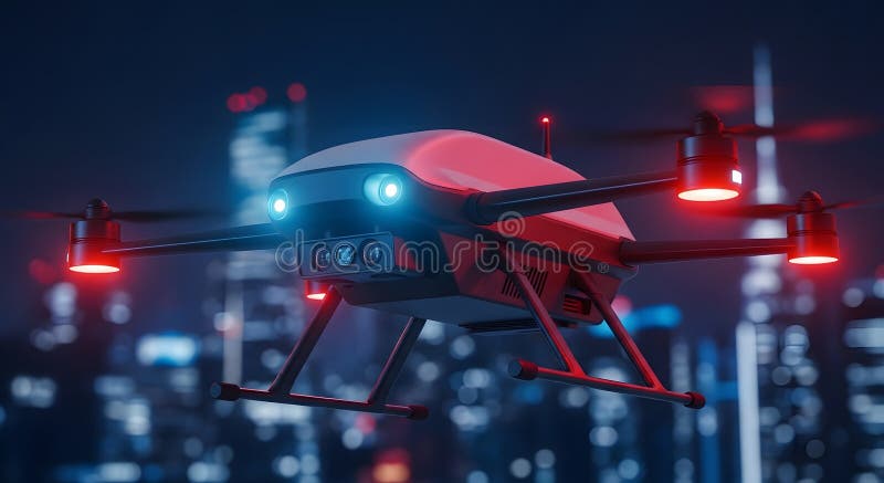 Flygautonomi : En Drone som navigerar i Cityscape Night Blue och Red Light Ambiance fotografering för bildbyråer