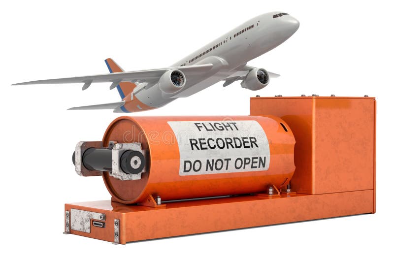 Flygplan med flygdataregistreringsapparaten, svart ask framf? rande 3d. Flygplan med flygdataregistreringsapparaten, svart ask tolkning som 3D isoleras p? vit bakgrund