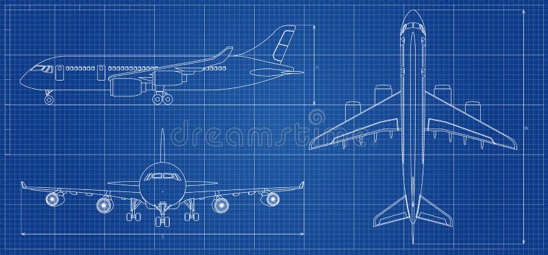 Flygplanritning Översiktsflygplan på blå bakgrund också vektor för coreldrawillustration vektor illustrationer