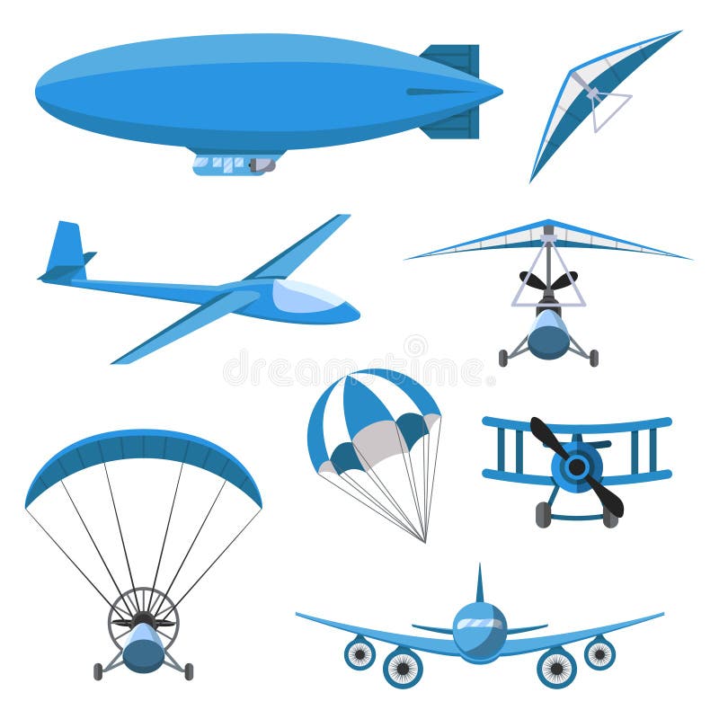 Flygplansymbolsuppsättning på vit bakgrund Hoppa fallskärm luftskeppet, Hängning-glidflygplanet, flygplanet, Trike, glidflygplane vektor illustrationer Flygplansymbolsuppsättning på vit bakgrund Hoppa fallskärm luftskeppet, Hängning-glidflygplanet, flygplanet, Trike, glidflygplane vektor illustrationer