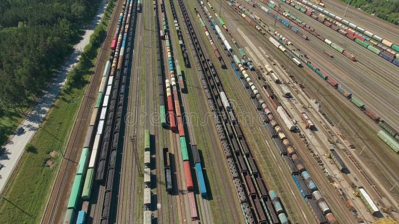 Flying above railroad freight trains. Railroads and export container trains
