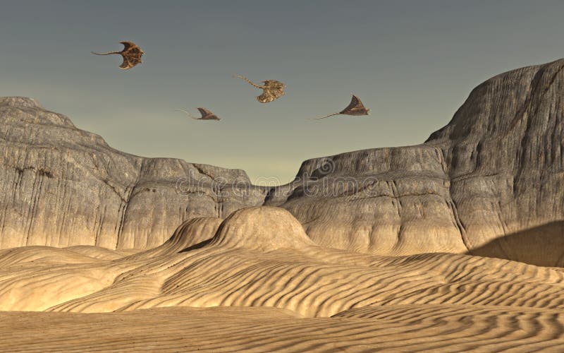 Flying alien creatures over a desert landscape royalty free illustration