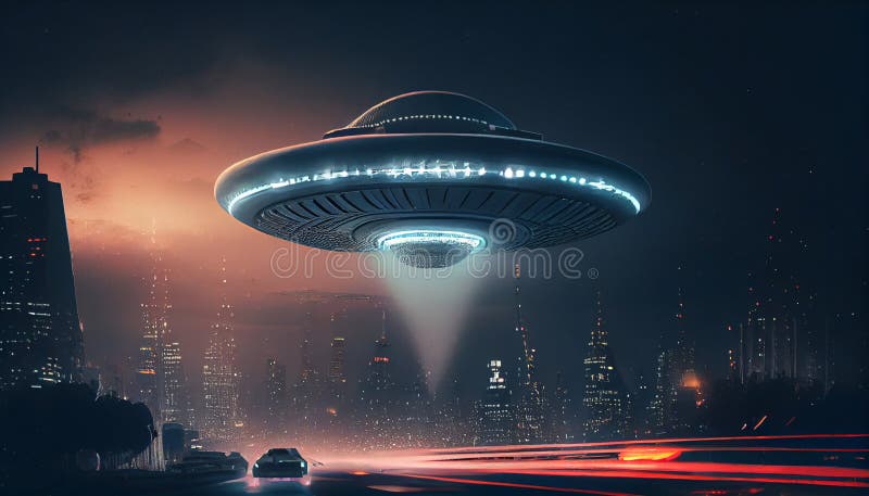 Flying alien saucer. Beautiful view. Generative Ai stock illustration