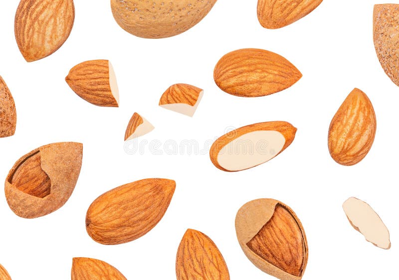Flying Almond Isolated. Almonds on White Background. Almond Nut Set