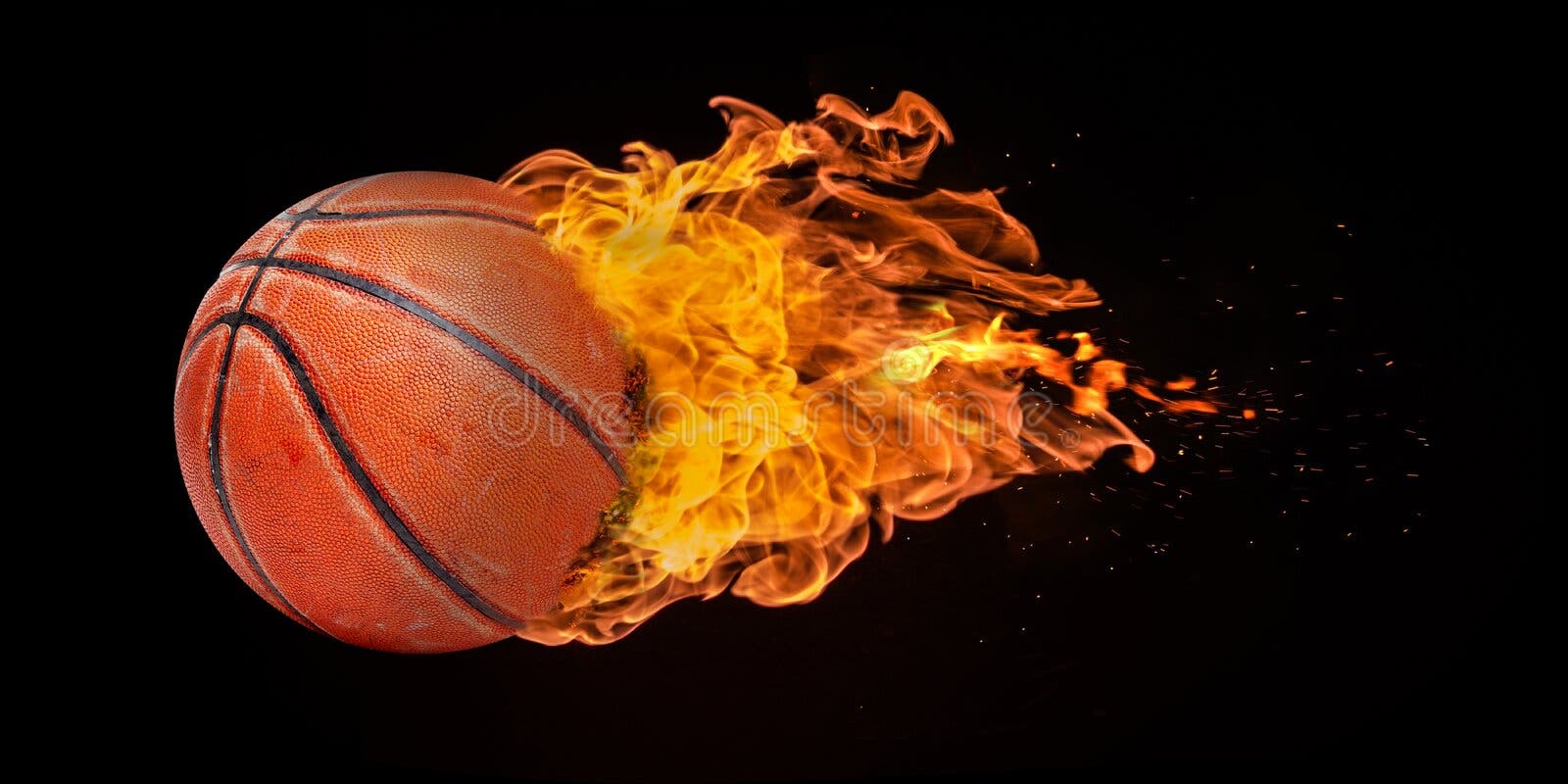 Poster Basketball ball in fire flames and splashing water 