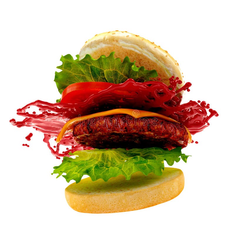 Flying Burger with Sauce Splash. 3d Rendering Stock Illustration