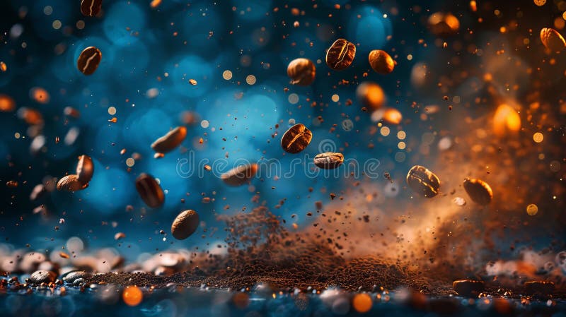 Boabe de cafea zburătoare în mișcare. imagine abstractă și vibrantă care prezintă boabe de cafea într-o explozie dinamică. perfect royalty free stock photos