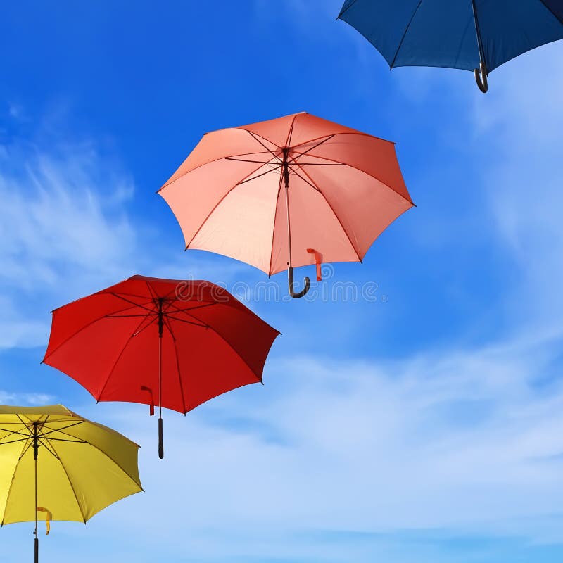 Flying Colorful Umbrellas Blue Sky Background Stock Photo Image of