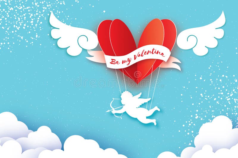 Flying Cupid - little angel. Love Pink Heart in paper cut style. Origami boy - Cherub. Red hot air balloon flying. Love