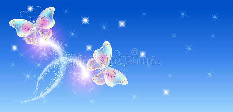 Flying delightful butterfly with sparkle and blazing trail flying in night sky among shiny glowing stars in cosmic space. Animal