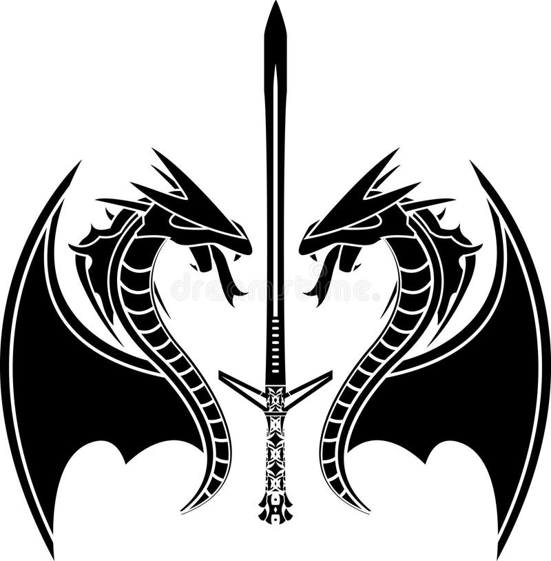 Flying dragons and sword stock illustration
