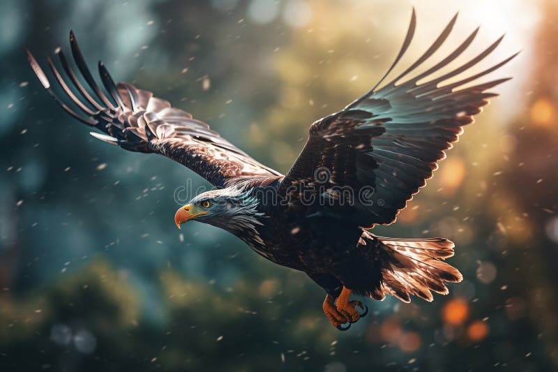 Flying Eagle Hunts on the Background of Nature. Ai Generative Stock