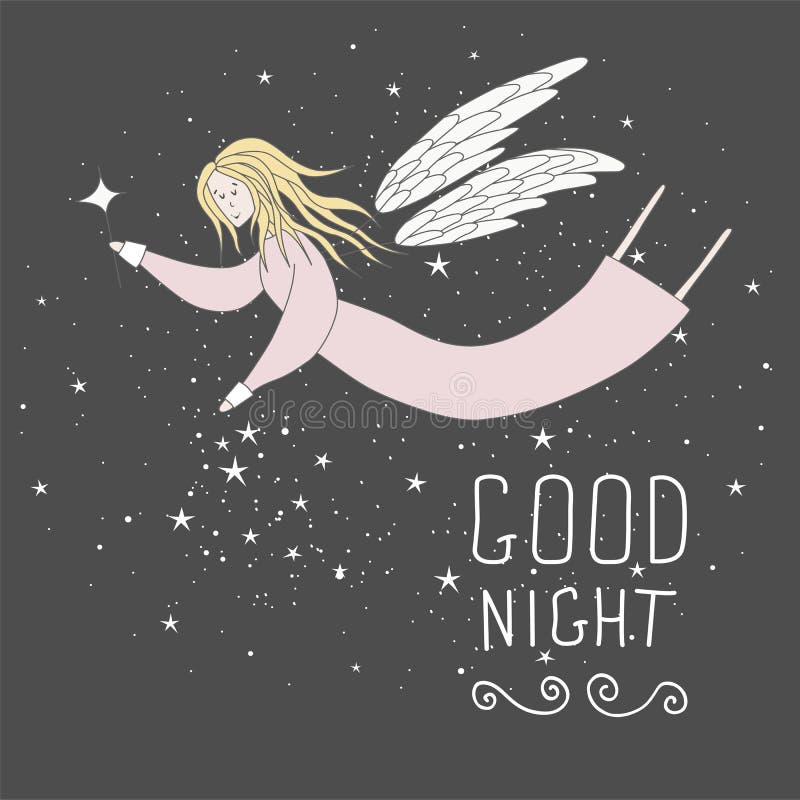 Flying Fairy in Night Sky Vector Illustration. Good Night Card Stock ...