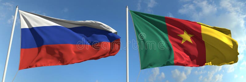 Flying flags of Russia and Cameroon on sky background, 3d rendering stock photography