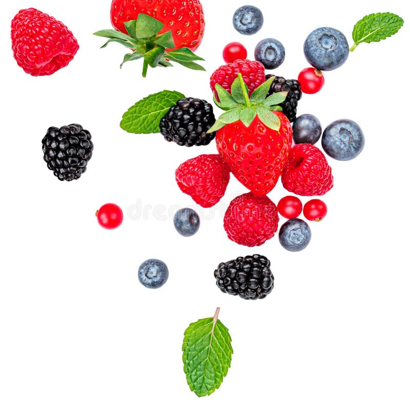 Flying Fresh berries isolated on white background, top view. Strawberry, Raspberry, Blueberry and Mint leaf, flat lay