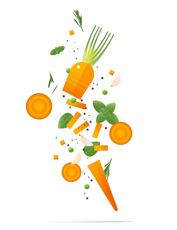 Flying fresh carrots and spices concept , healthy food background