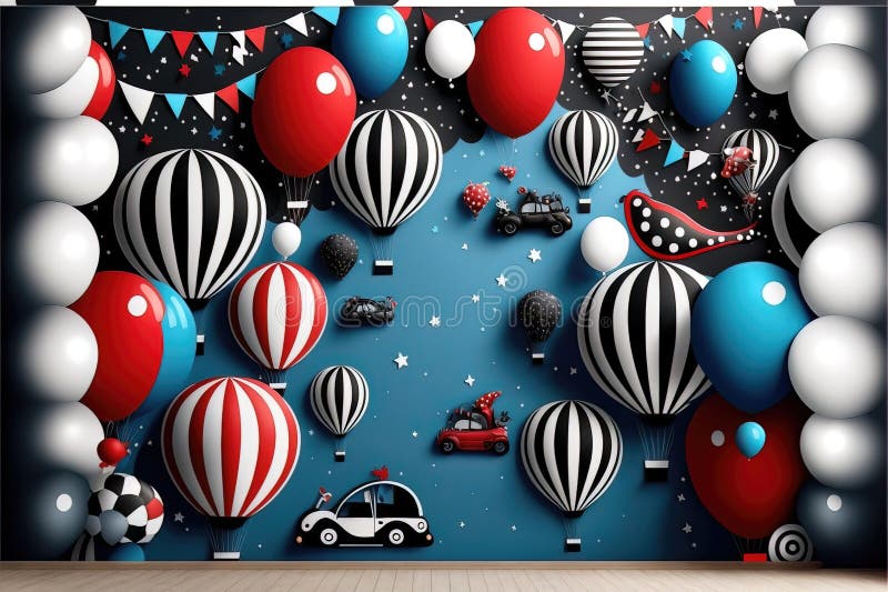 Flying hot ballons in white, black , blue, and red accents for anniversary digital backdrop