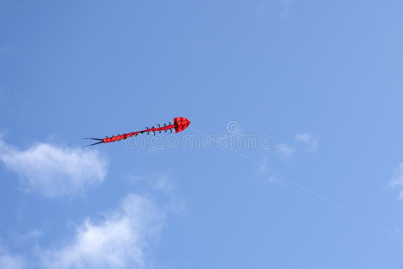 Flying kite. Colorful kite flying in the wind in the blue sky among the clouds. Long serpent in the form of a red dragon royalty free stock image