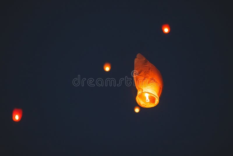 Flying Lantern in the Dark Sky at Night Stock Image Image of culture