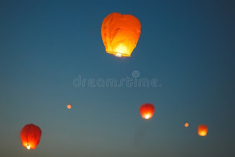 Flying Lantern in the Dark Sky at Night Stock Image Image of chinese
