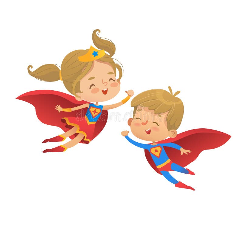 Flying and laughing Superhero boy and girl. Brown Hair Super hero children illustration isolated on white background