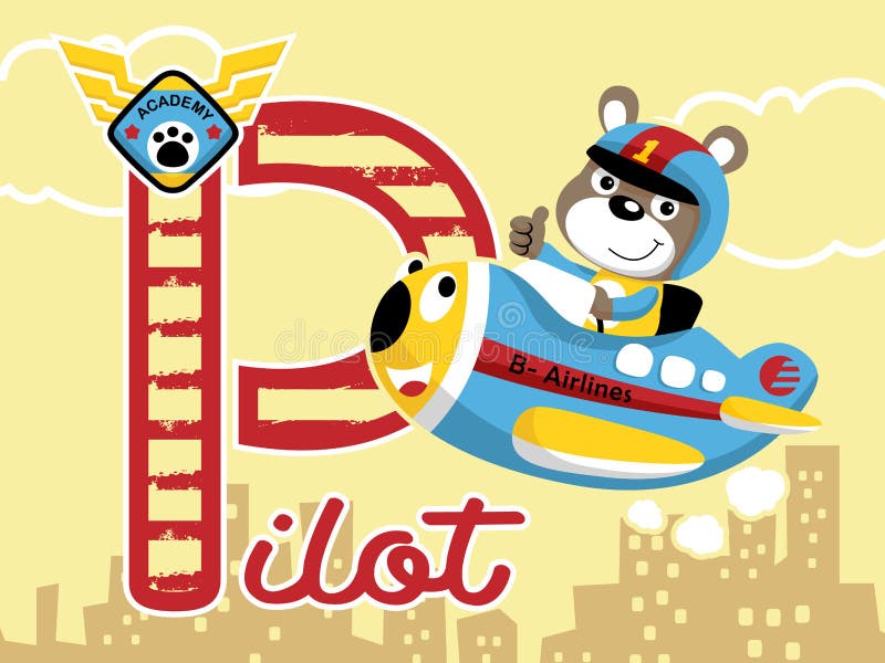 Flying with little pilot on funny plane cartoon vector stock illustration