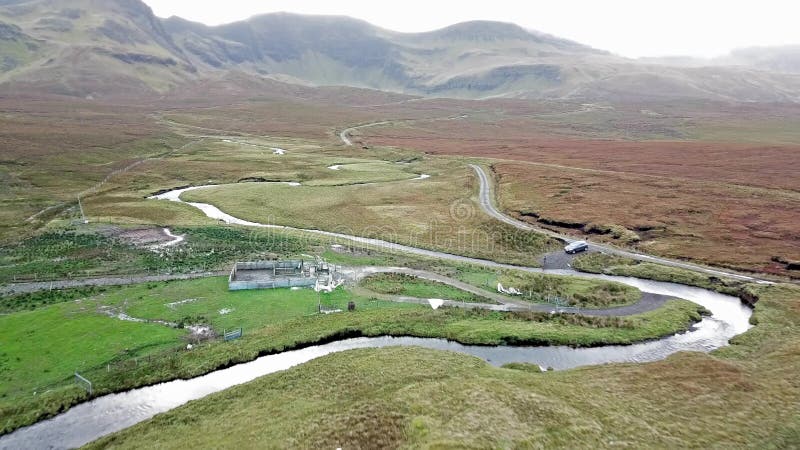 Flying over the River Lealt and Single track at Loch Cuithir and Sgurr a Mhadaidh Ruadh - Hill of the Red Fox, Isle of