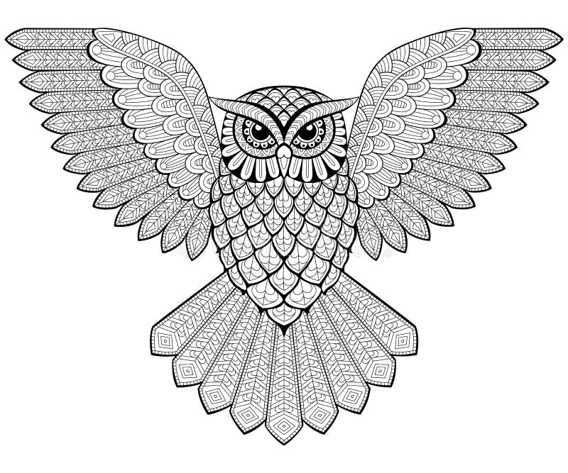 Flying owl in zentangle style. Adult antistress coloring page. Black and white hand drawn doodle for coloring book