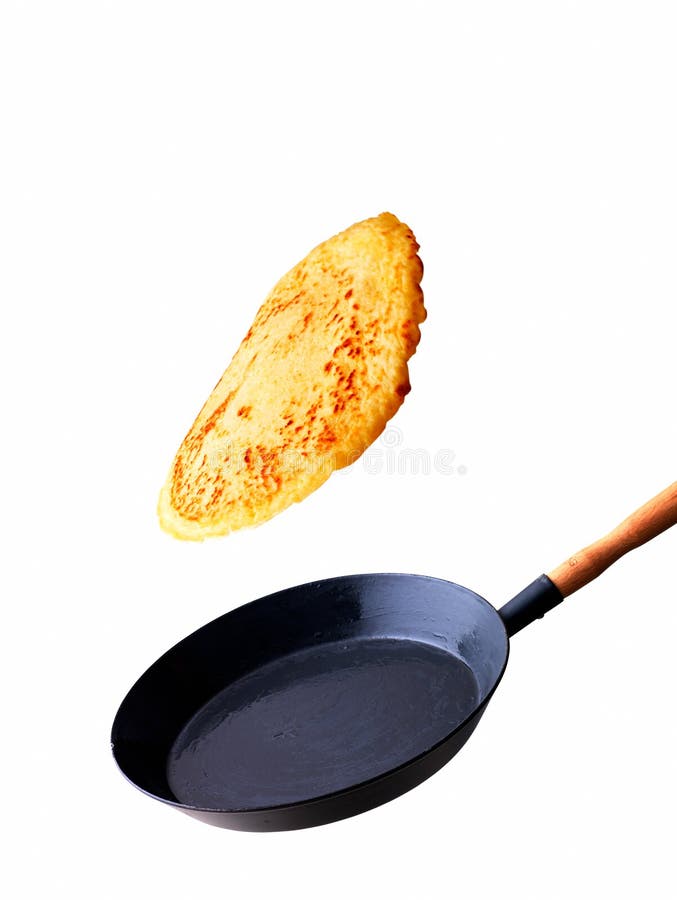 Flying Pancake and Frying Pan Isolated on White Stock Image - Image of  background, breakfast: 138848997