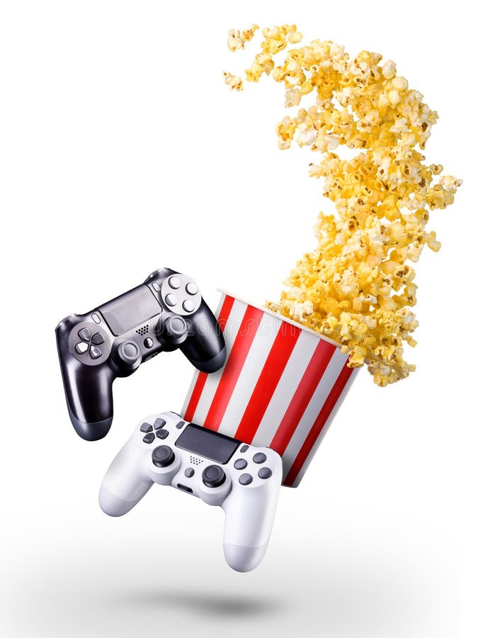 Flying Popcorn and Video Game Joystick Gamepad Isolated on a White