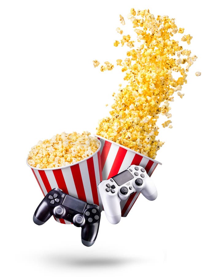 Flying Popcorn and Video Game Joystick Gamepad Isolated on a White