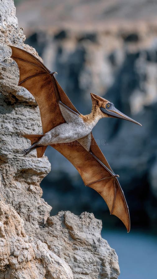 Flying pterosaur with brown wings soaring near cliffs. Birdlike species illustrations