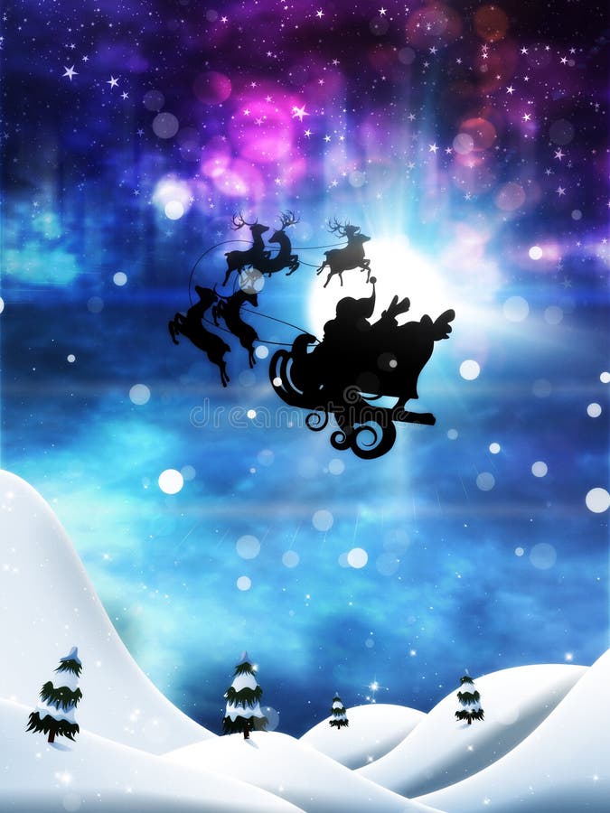 Il volo di Babbo Natale con renne notte d'inverno fondo nevoso.