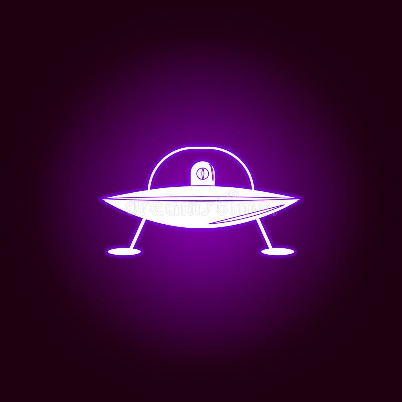 Flying saucer with aliens outline icon in violet neon style. Elements of UFO illustration line icon. Signs, symbols and s royalty free illustration