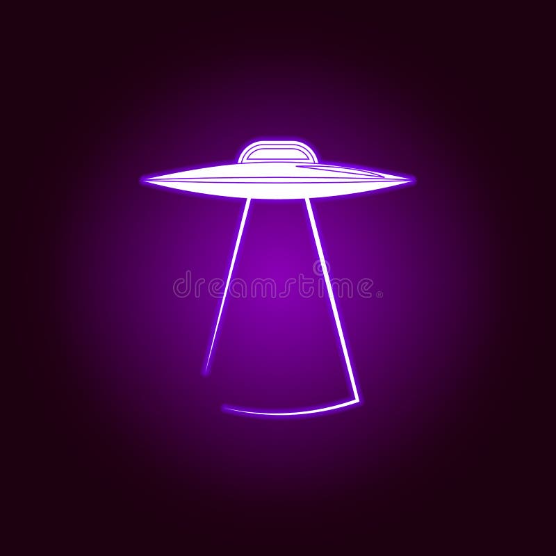 Flying saucer outline icon in violet neon style. Elements of UFO illustration line icon. Signs, symbols and s can be used royalty free illustration