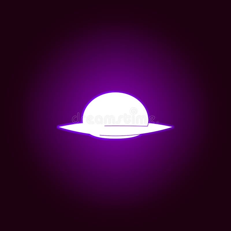 Flying saucer outline icon in violet neon style. Elements of UFO illustration line icon. Signs, symbols and s can be used vector illustration