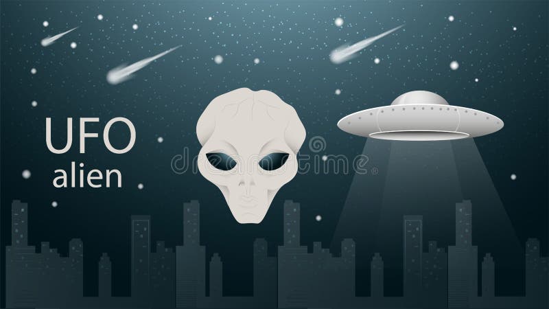 Flying saucer UFO and alien face banner design dark blue background illustration among night city starry sky