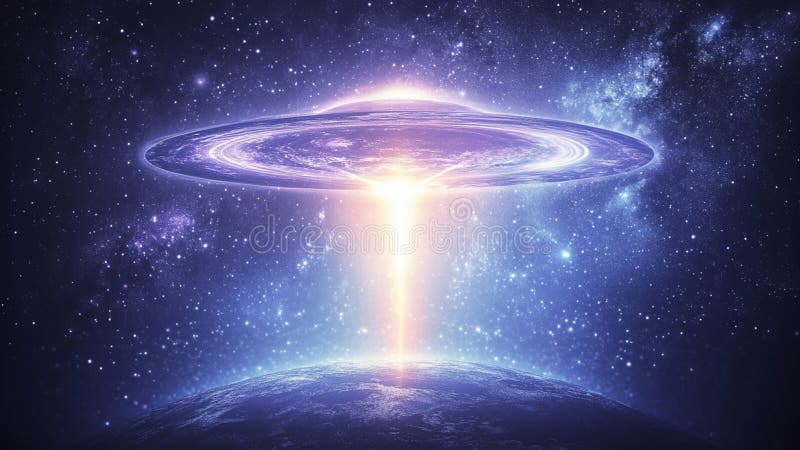 Flying Saucer UFO wykonujący porwanie w purpurowym kosmicznym głębinowym tle obraz royalty free