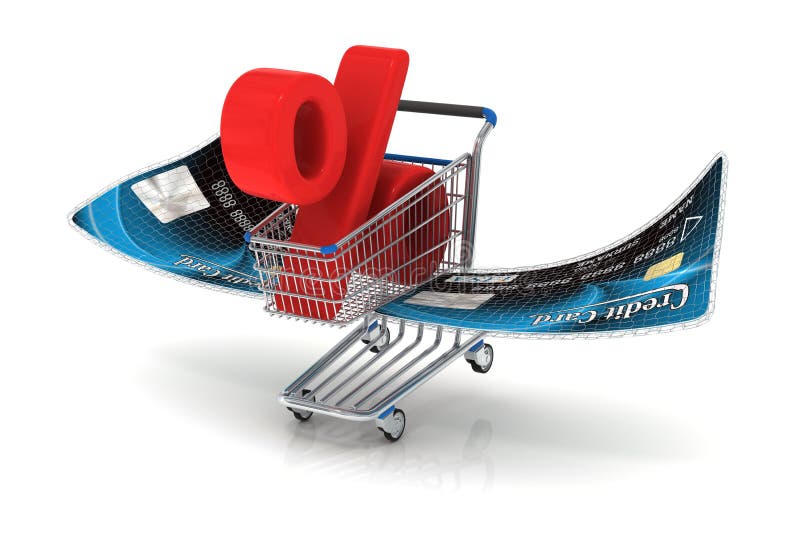 Photo-realistic shopping cart with blue credit-card wings carrying a red percent symbol. Shopping cart credit card illustrations