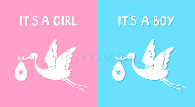 Flying stork with baby. It`s a boy and girl. Vector illustration